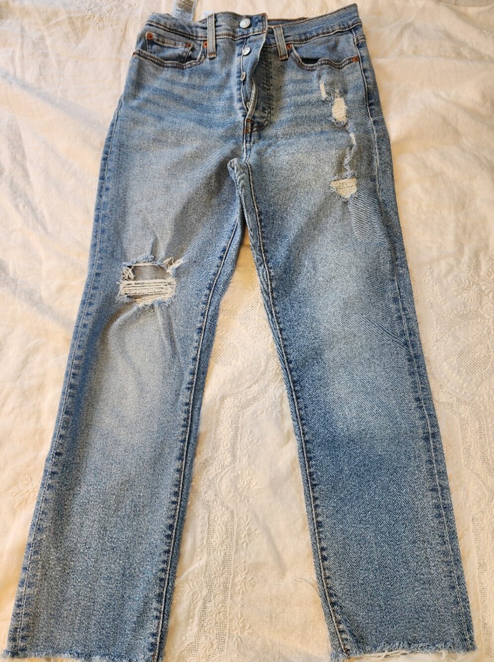 Levi's 501 Light Blue Straight Leg Jeans with Distressed Knees